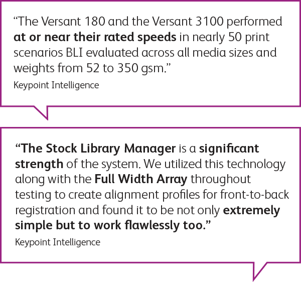 "The Versant 180 and the Versant 3100 performed at or near their rated speeds in nearly 50 print scenarios BLI evaluated across all media sizes and weights from 52 to 350 gsm.” Keypoint Intelligence
"The Stock Library Manager is a significant strength of the system. We utilized this technology along with the Full Width Array throughout testing to create alignment profiles for front-to-back registration and found it to be not only extremely simple but to work flawlessly too." Keypoint Intelligence