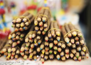 Bundles of pencils with different colors of lead