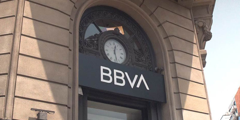 Clock tower above BBVA Bank in Argentina