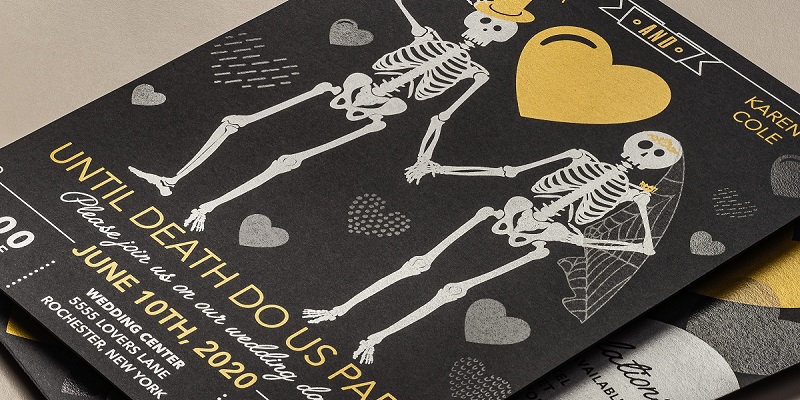 Wedding invitation with metallic skeletons and hearts