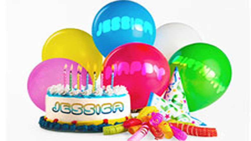 birthday balloons and cake print preview from Connect XMPie app with the name Jessica on the cake