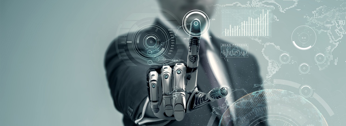Robotic hand interacting with a transparent touchscreen