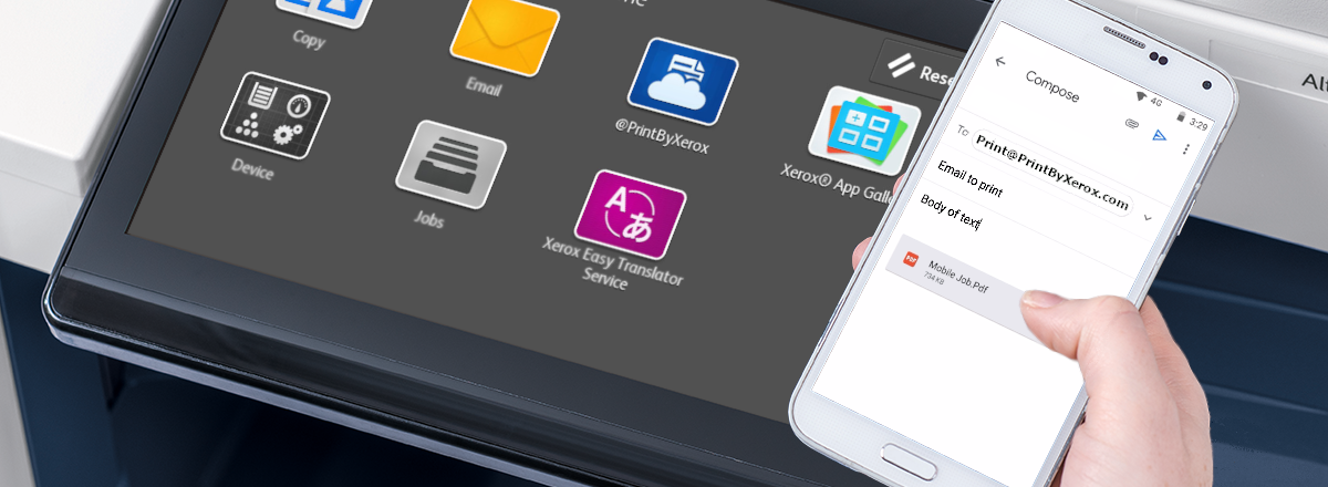 User interface of a Xerox ConnectKey MFP, and smartphone with the @PrintByXerox app displayed