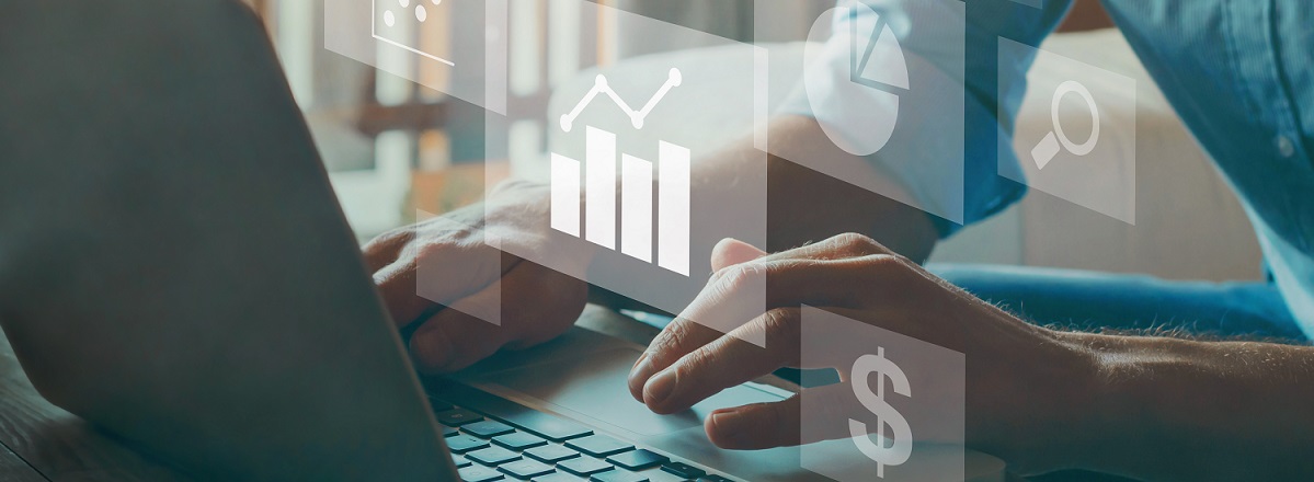Hands typing on a keyboard, overlaid with icons of graphs and dollar sign