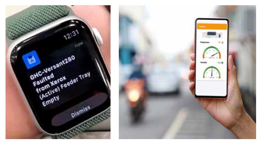 A smart watch and smartphone showing status messages from FreeFlow Vision Connect Software