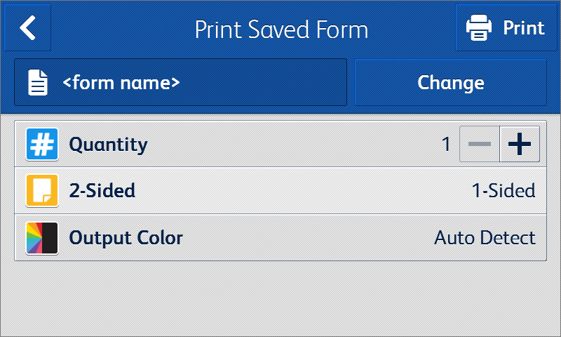 Print interface of the Xerox Forms Manager App