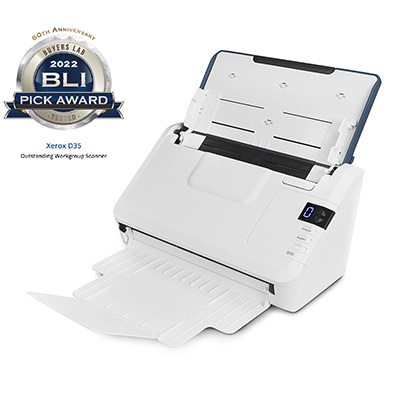 Picture of the Xerox D35 scanner next to the 2022 BLI Pick Award Badge for Outstanding Workground Scanner