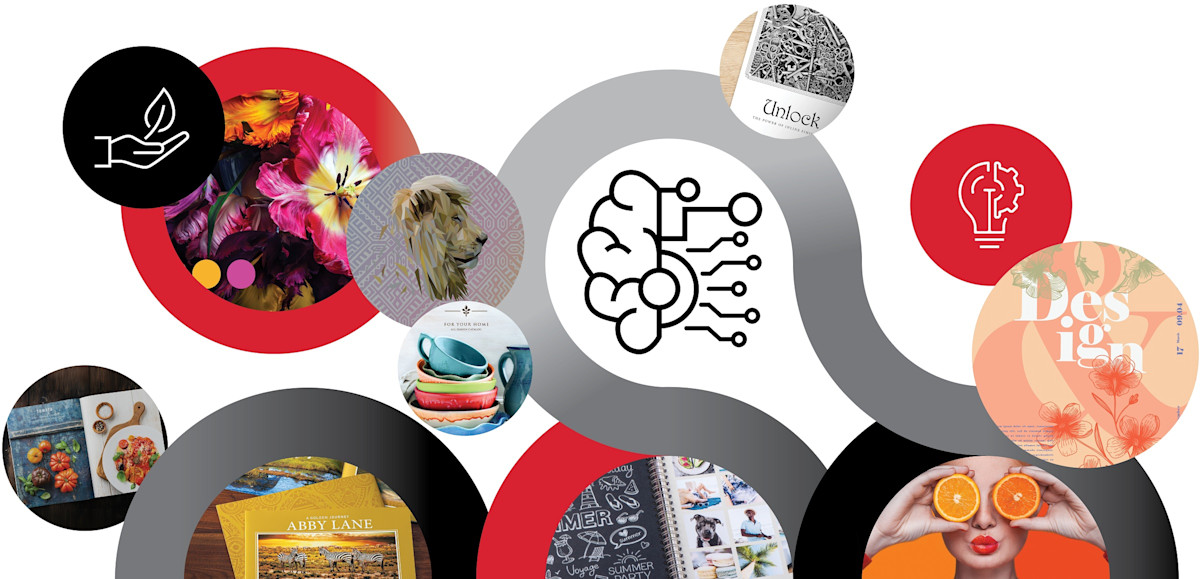 Red, black and gray connectors around circles with print samples, plus icons of a brain, hand holding a plant, and a lightbulb