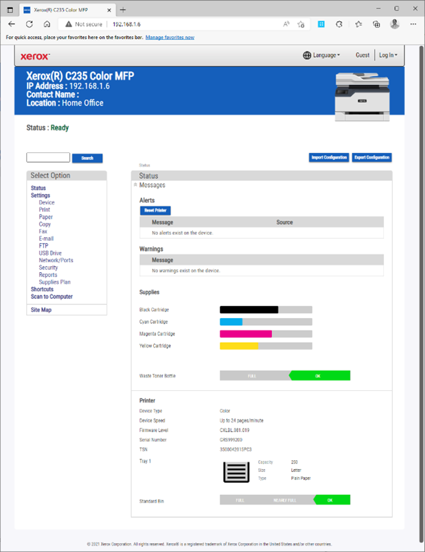 Xerox C235 Color MFP with IP Address and ink levels shown