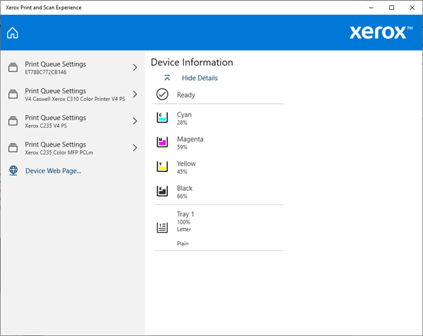 Using the Xerox Print & Scan app, device information