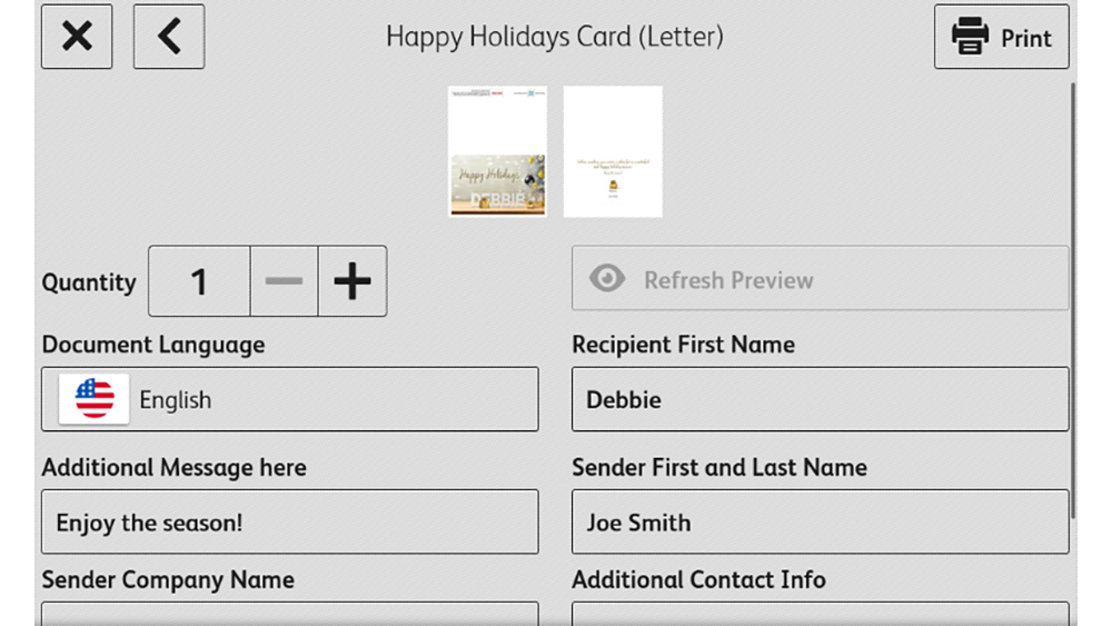 screen shot of Connect for XMPie app screen with personalization for Holiday Cards