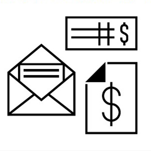 Icons representing an open envelope, money, and a document