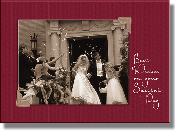 Wedding Card with a black and white photo of a bride and groom walking out of a church, with the caption "Best Wishes on your Special Day"
