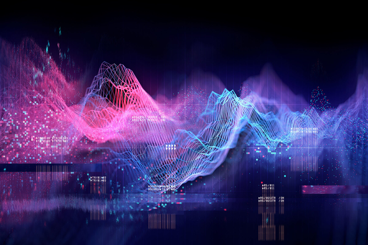 3D digital graph with purple, pink and blue lines over a black background