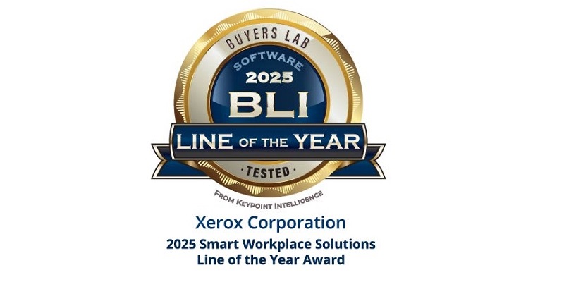 Gold and blue seal reading "Buyers Lab Software 2025 BLI Line of the Year - Test - Xerox Corporation - 2025 Smart Workplace Solutions Line of the Year Award"