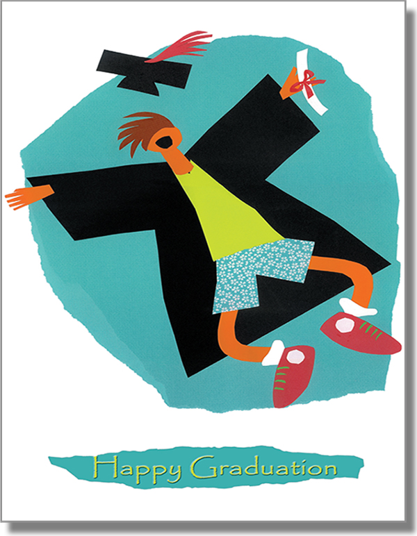 Drawing of a graduate in a cap and gown jumping and clicking their heels