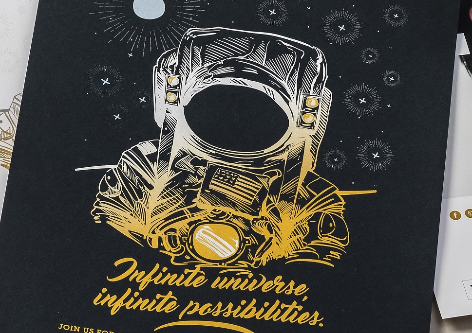 Poster with Xerox® Vivid Specialty Toner, with a gold and silver astronaut over a black background