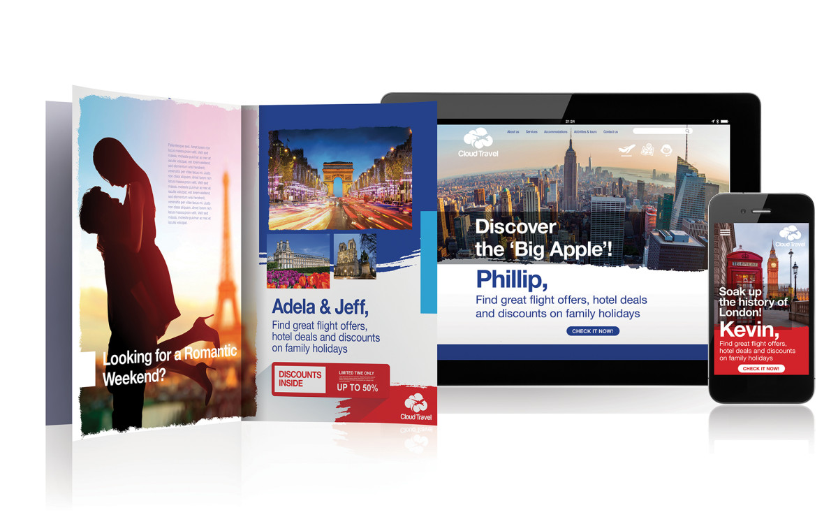 Cross media personalized content showing on a brochure, tablet, and smartphone
