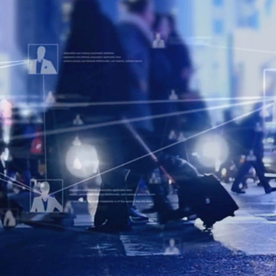 Blurred photo of people walking on a busy street, overlaid with touchpoints