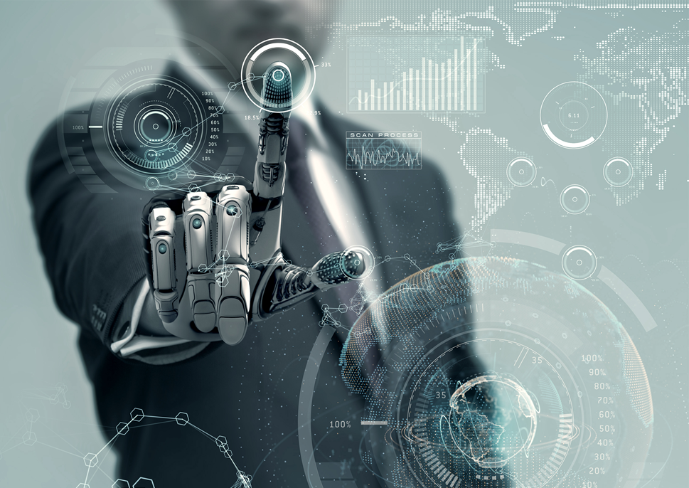 Robotic hand touching a transparent screen with graphs and data