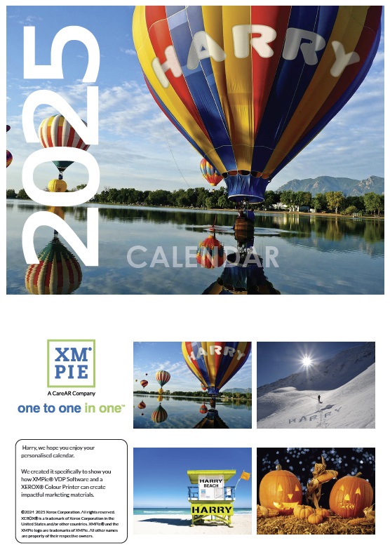 2025 calendar with images of hot air balloons, pumpkins, a snowy mountain, and a chair on the beach. All images are personalized with the name Harry.