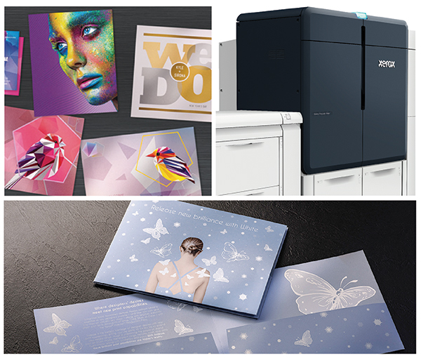 A collage of images with an Iridesse printer and a series of print samples