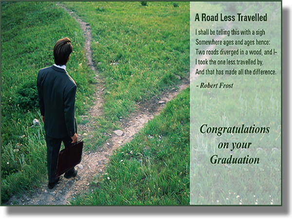 A man in a suit with a briefcase choosing between two dirt paths. The Robert Frost poem "A Road Less Traveled" is printed beside him.