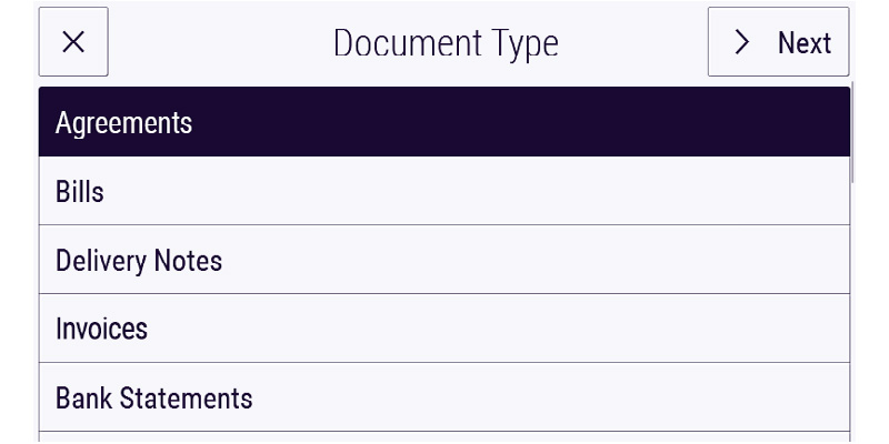 Screenshot of a Document Type dropdown list