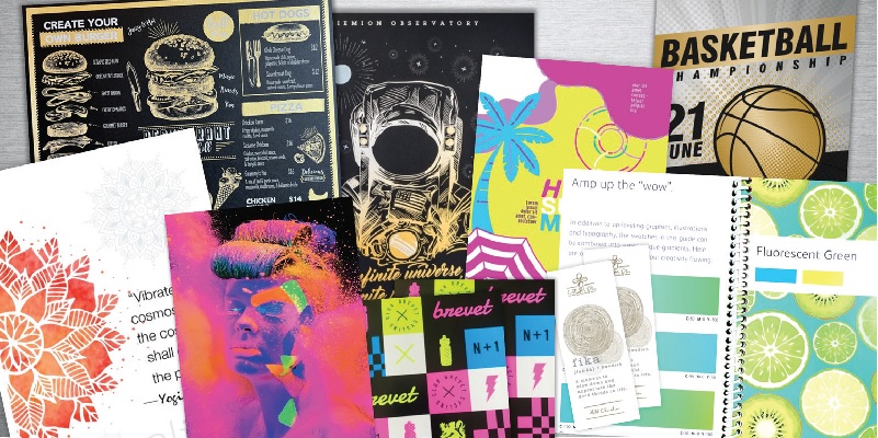 A collage of print samples made with Xerox Versant Presses