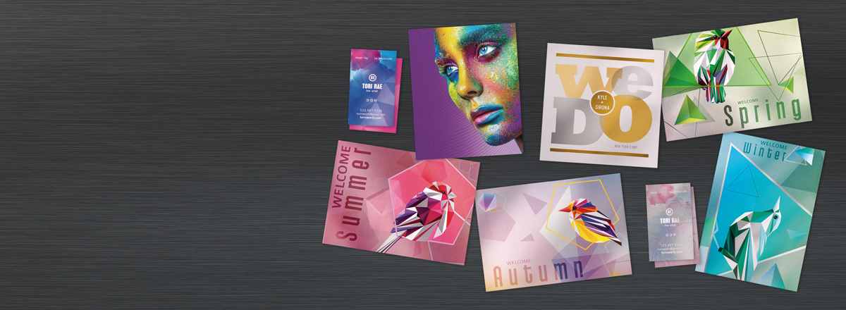 Colorful print samples with metallic, fluorescent, and clear dry ink, printed on the Xerox Iridesse Production Press