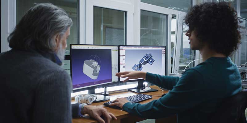 Colleagues looking at two monitors with images of 3D objects