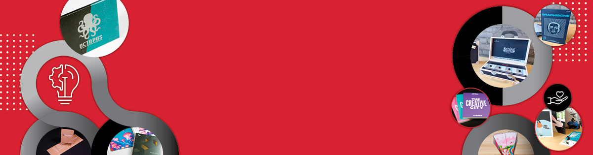 Red background overlaid with print samples inside of interconnected circles