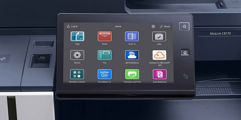 Closeup of the user interface touchscreen of the Xerox AltaLink C8130