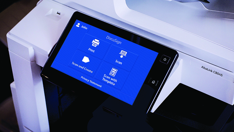 MFP touch screen interface showing DocuSign app.