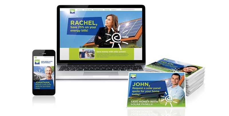 Cross media campaign showing an ad on a laptop, smartphone, and postcards