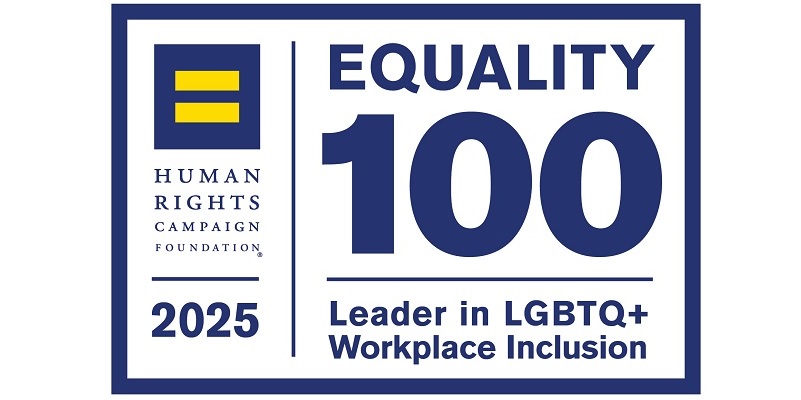 Award logo for the Equality 100 Leader in LGBTQ+ Workplace Inclusion 2025