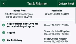 Screenshot of the Track Shipment screen in the Xerox Supplies Tracker App