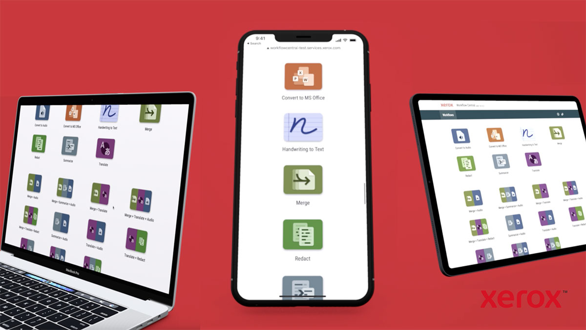 Xerox Workflow Central interface on a laptop, smart phone, and tablet