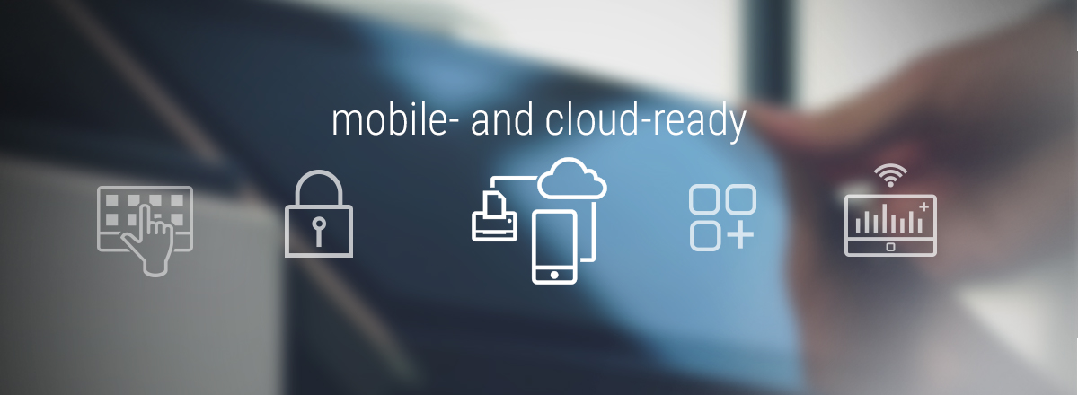 Icon of a printer, smartphone and cloud with the words "mobile and cloud ready"