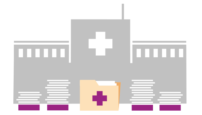 Illustration of a hospital with stacks of paper in front of it