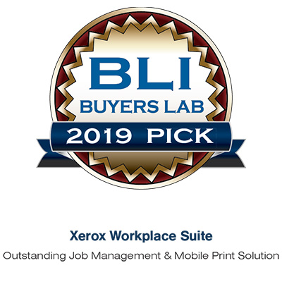 BLI Buyers Lab 2019 Pick badge for Xerox Workplace Suite, Outstanding Job Management & Mobile Print Solution