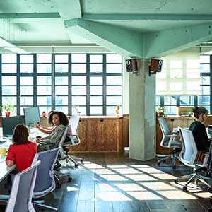 Bright, open office with a wall of windows casting geometric shadows