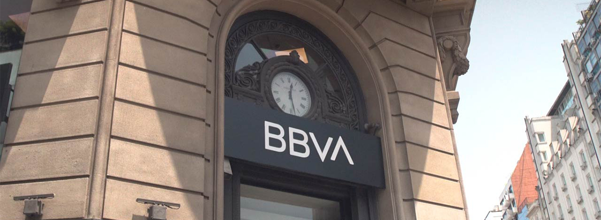 Clock tower above BBVA Bank in Argentina