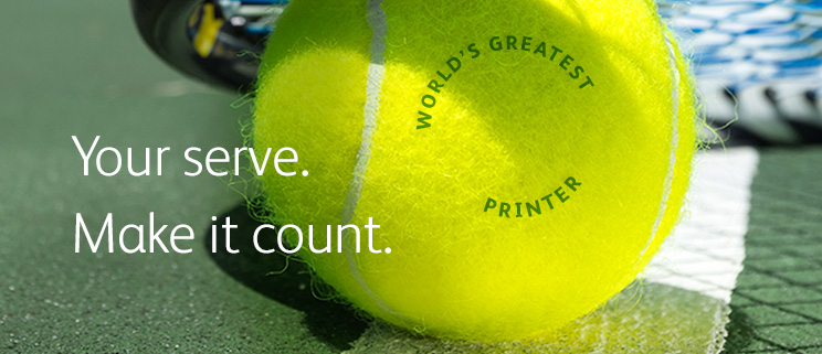 Tennis ball with the words "World's greatest printer" printed on the surface