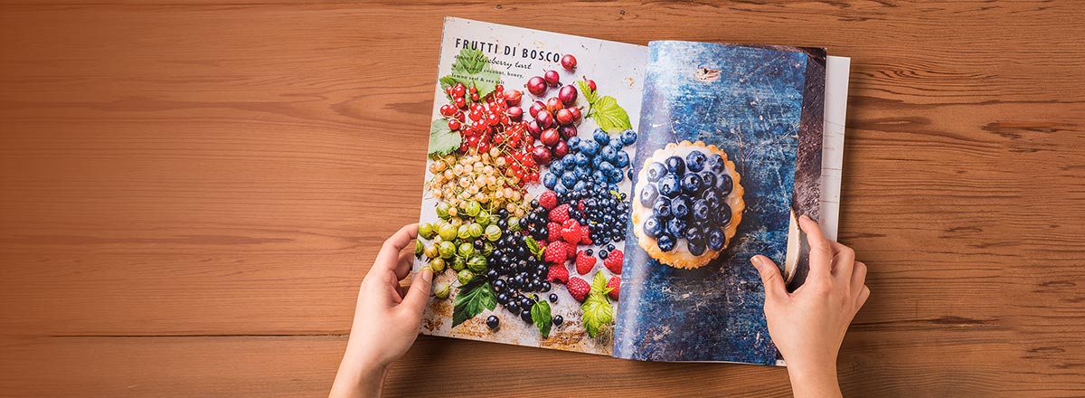 Book with brightly colored pictures of fruit
