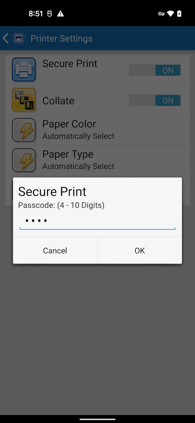Xerox Print Service for Android screenshot with Secure Print
