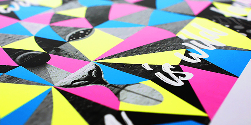 Print sample with fluorescent yellow, pink and blue
