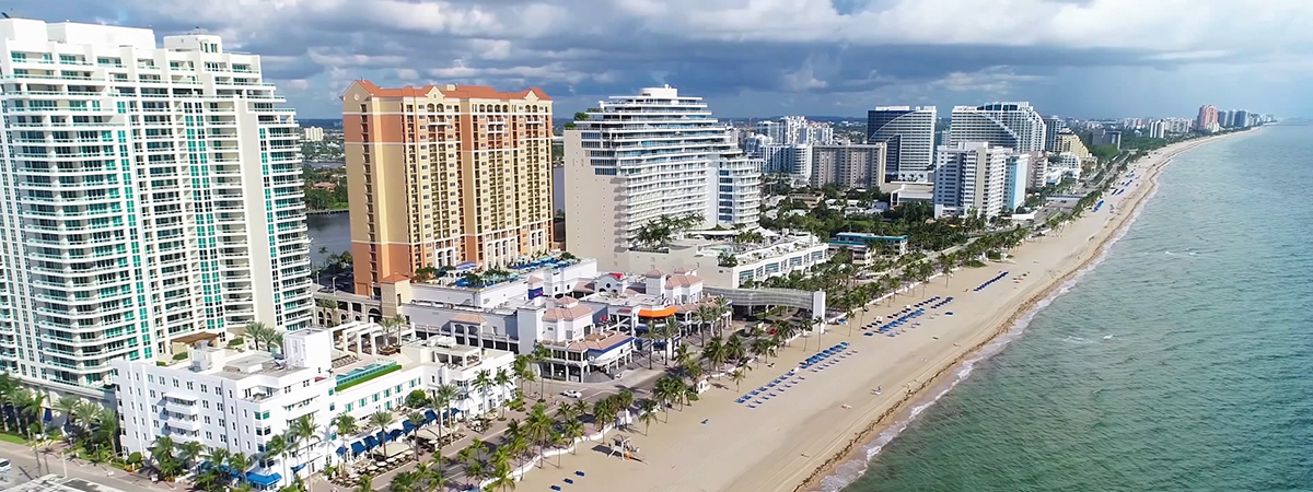 Aerial view of tall buildings on a beach