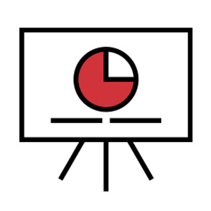 Icon of a presentation screen on an easel, showing a pie chart