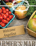 Colorful flyer for a farmers market with the logo overlaid in white over pictures of vegetables